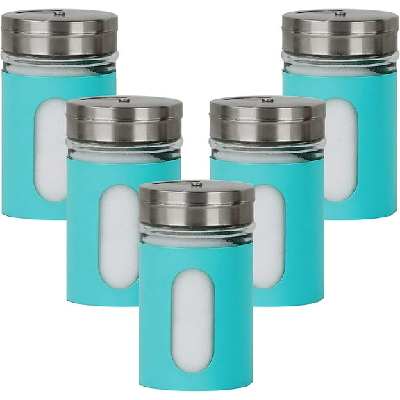 Aqua Salt Pepper Shakers Retro Spice Jars Glass - Set of 5