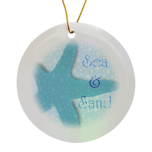 3drose, Aqua Sea and Sand Starfish - Beach Themed Ocean Art, Circle Porcelain Ornament