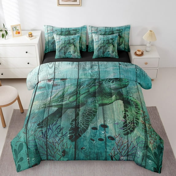 Aqua Sea Turtle Bedding Comforter Sets 7-Piece Marine Ocean Theme Bed in a Bag, Vintage Teal King Bedding Sets Wild Animal Reptile Comforter Set, Retro Wooden Stripe Bedding Sets & Collections