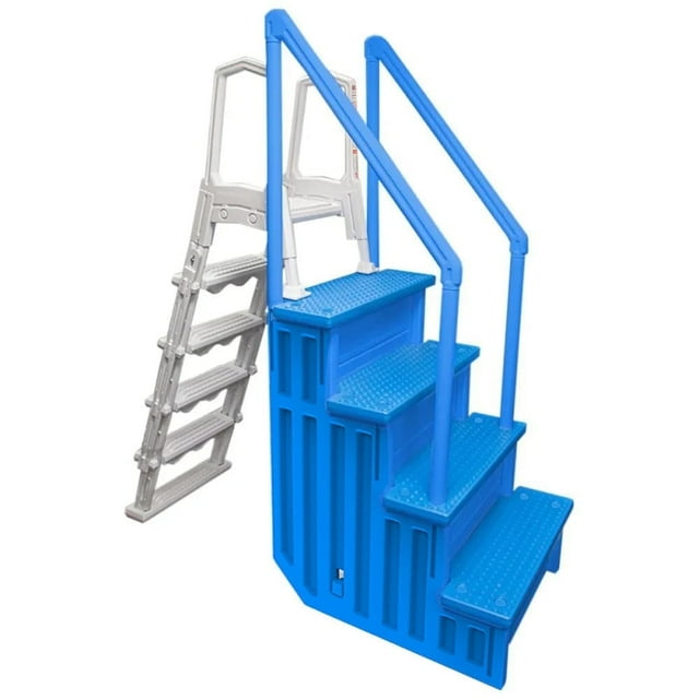 Aqua Select Blue Anti-Slip Pool Steps with Blue Steps and White Outside Flip-up Safety Ladder, 48-54"H