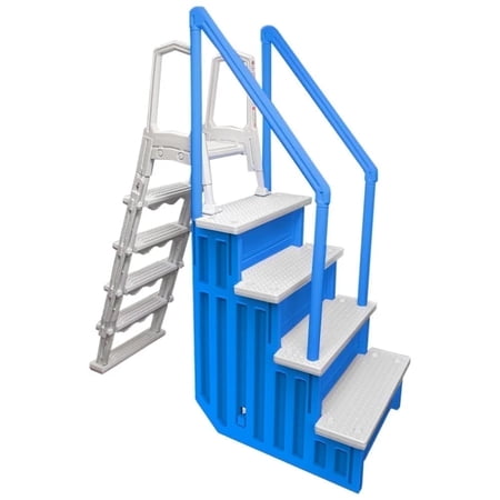 Aqua Select Blue Anti-Slip Pool Steps with White Steps and White Outside Flip-up Safety Ladder, 48-54"H