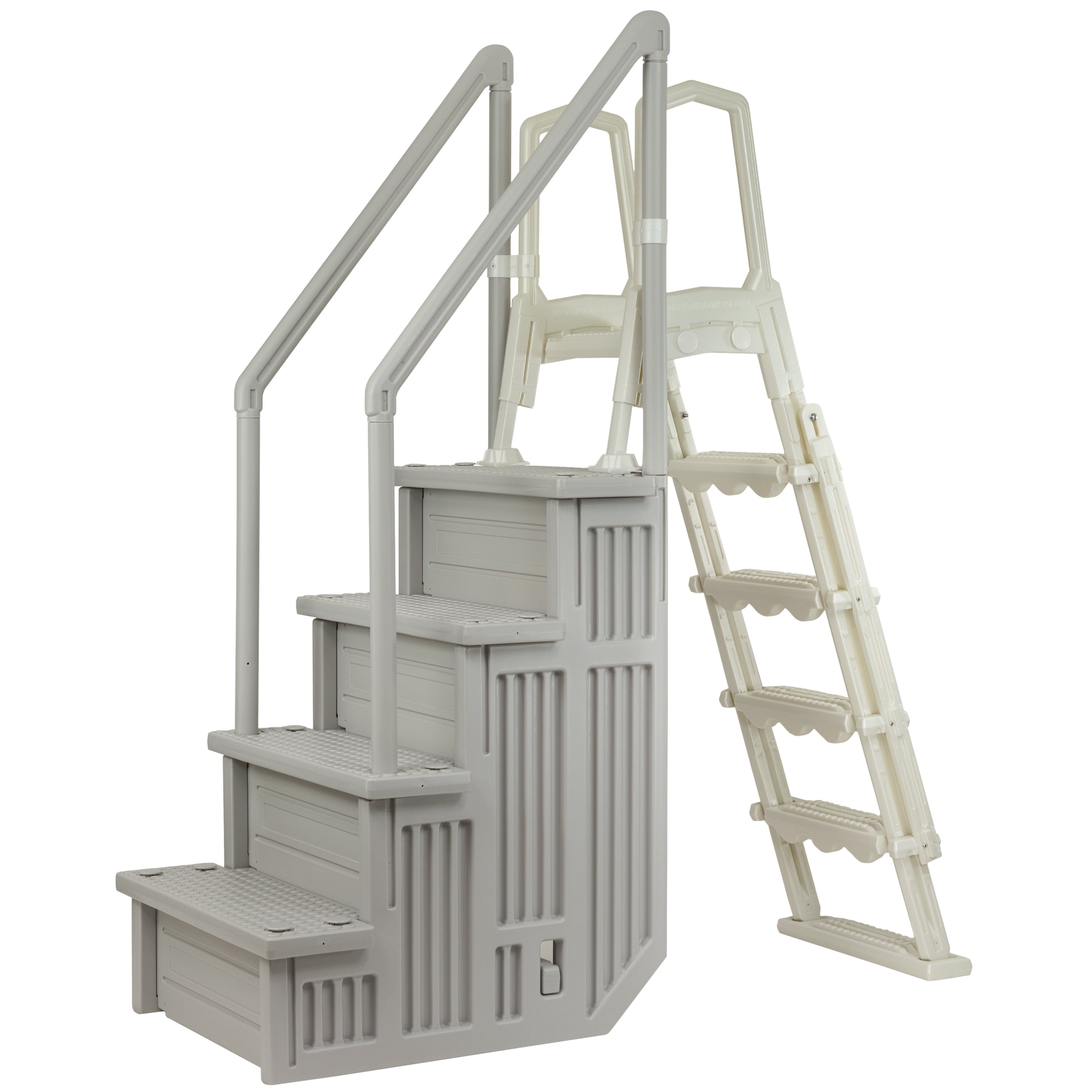 Aqua Select Cloud Gray Anti-Slip Pool Steps with Cloud Gray Steps and Pearl White Outside Flip-up Safety Ladder, 48-54"H