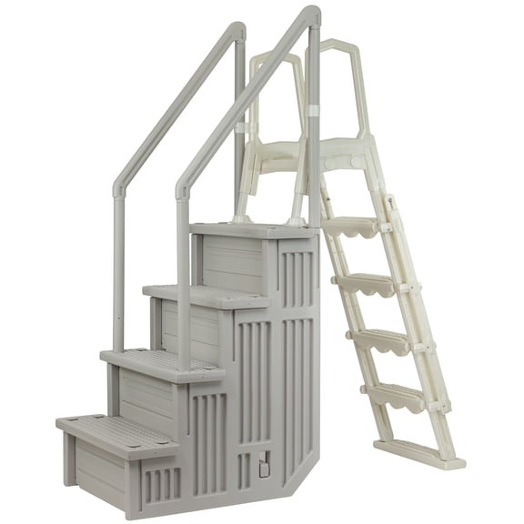 Aqua Select Cloud Gray Anti-Slip Pool Steps with Cloud Gray Steps and Pearl White Outside Flip-up Safety Ladder, 48-54"H