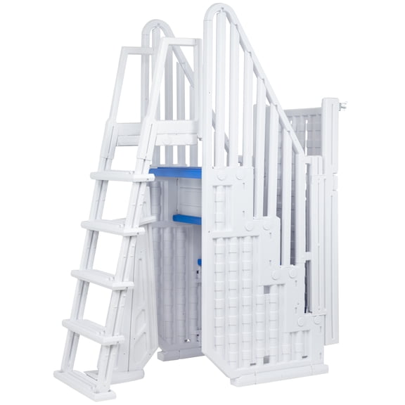 Aqua Select White Everest Swimming Pool Steps and Outside Flip up Ladder System with Gate, Blue Steps