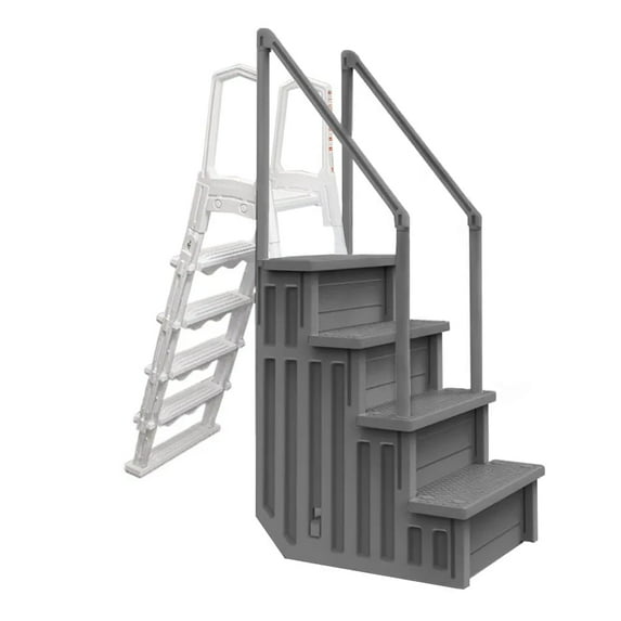 Aqua Select Gray Anti-Slip Pool Steps with White Steps and Gray Outside Flip-up Safety Ladder, 48-54"H