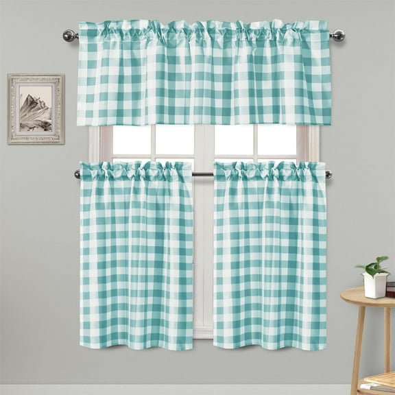 Aqua Semi Sheer Kitchen Curtains Privacy Protection and Light Reducing Checkered Tier and Valance Window Curtains, Set of 3 Pieces, 60 W x 18 L (1 Panel) + 29 W x 36 L (2 Panels)