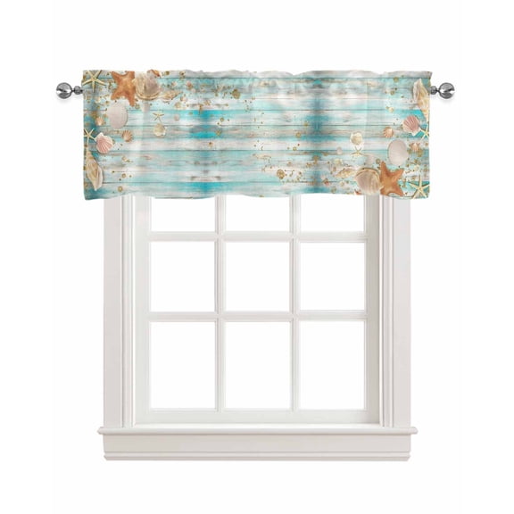 Aqua Shell Linen Curtain Valance for Bedroom/Bathroom/Kitchen/Office/Living/Dining Room Window,Coastal Starfish Summer Ocean Sea Woodengrain Rod Pocket Topper Decorative Cafe Drapes Panel 42"x12"