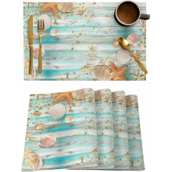 Aqua Shell Placemats Set of 6,Washable Woven Burlap Cloth Fabric Placemat for Square/Rectangle/Round/Oval Dining Table,Easy Clean Place Mats for Kids Coastal Starfish Summer Ocean Sea Woodengrain