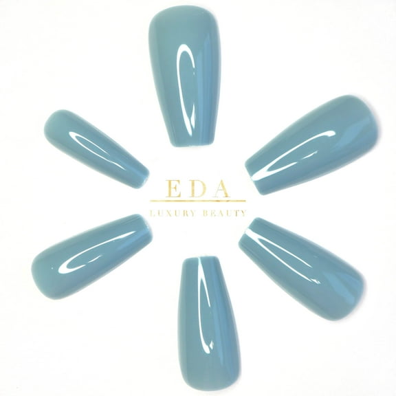 Pastel Blue Press On Nails, Extra Long Coffin Ballerina Tips Glue On Fake Nails Set, Aqua Shine