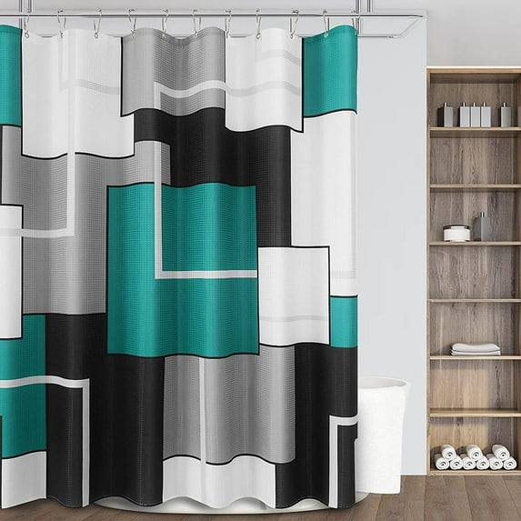 Aqua Shower Curtain 84 Inch Length Tall Shower Curtain Set with Hooks Teal Geometric Shower Curtains for Girls Women Bathroom Decor Accessories Black Grey Waffle Fabric Shower Curtain Water Repellent