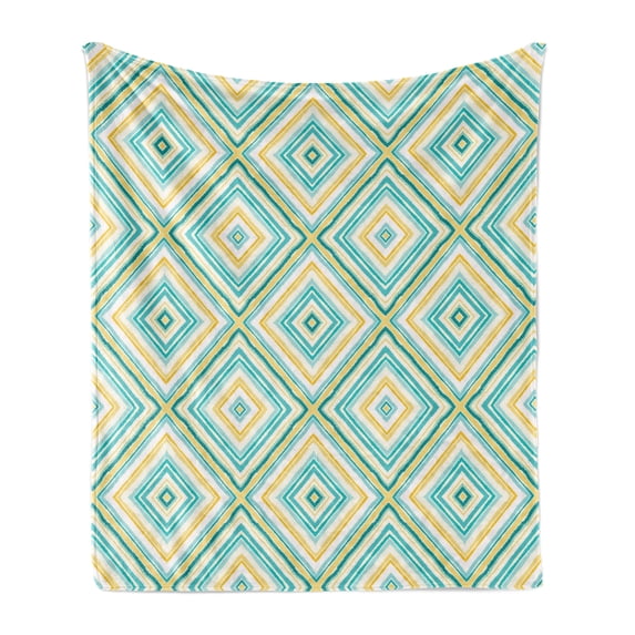 Aqua Soft Flannel Fleece Blanket, Square Rhombus Lines with Torn Paper Effect Pattern in Fresh Spring Colors, Cozy Plush for Indoor and Outdoor Use, 70" x 90", Turquoise Yellow White, by Ambesonne