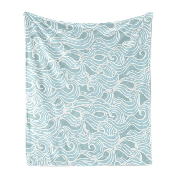Aqua Soft Flannel Fleece Throw Blanket, Abstract Ikat Frame Antique Victorian Style Floral Leaves Details Art Print, Cozy Plush for Indoor and Outdoor Use, 50" x 70", Seafoam and White, by Ambesonne
