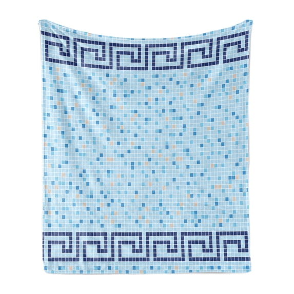 Aqua Soft Flannel Fleece Throw Blanket, Antique Greek Border Mosaic Tile Squares Abstract Swimming Pool Design, Cozy Plush for Indoor and Outdoor Use, 70" x 90", Pale Blue Navy Blue, by Ambesonne