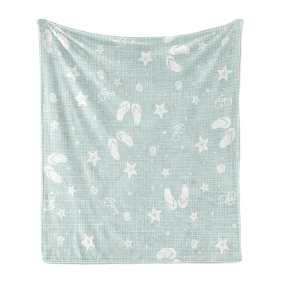Aqua Soft Flannel Fleece Throw Blanket, Beach Theme Design Shells Starfishes Flip Flops Glasses Summer Holiday Image, Cozy Plush for Indoor and Outdoor Use, 50" x 60", Seafoam and White, by Ambesonne