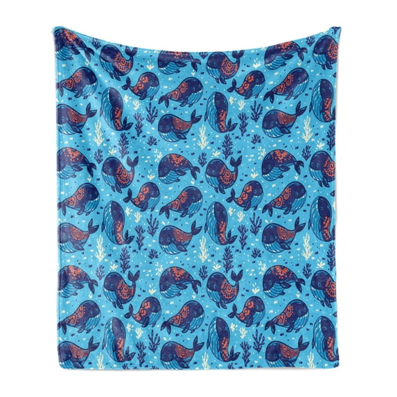 Aqua Soft Flannel Fleece Throw Blanket, Cartoon Style Marine Life Pattern with Whales Seaweed and Little Fishes, Cozy Plush for Indoor and Outdoor Use, 50" x 60", Blue White Orange, by Ambesonne