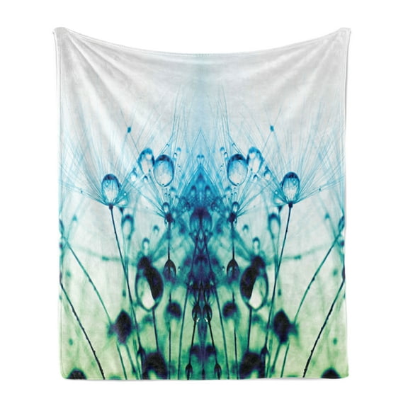 Aqua Soft Flannel Fleece Throw Blanket, Dandelion with Floral Leaves Oracle Flower and Mystic Rainy Art Print, Cozy Plush for Indoor and Outdoor Use, 50" x 60", Turquoise White, by Ambesonne