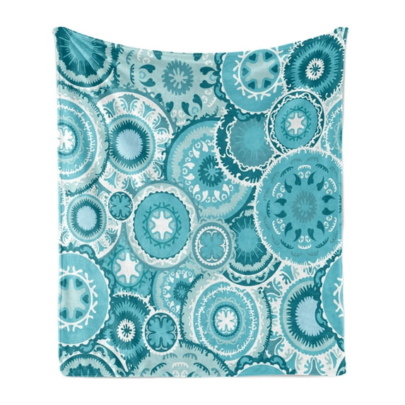 Aqua Soft Flannel Fleece Throw Blanket, Hippie Floral Leaves Mandala Rounds Traditional Elements Print, Cozy Plush for Indoor and Outdoor Use, 70" x 90", Turquoise Teal White, by Ambesonne