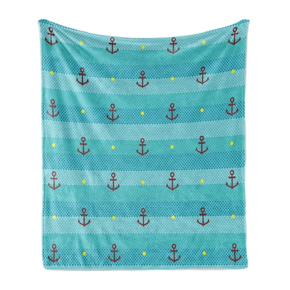 Aqua Soft Flannel Fleece Throw Blanket, Nautical Pattern with Halftone Dotted Sea Inspired Background and Marine Anchor, Cozy Plush for Indoor and Outdoor Use, 50" x 70", Multicolor, by Ambesonne