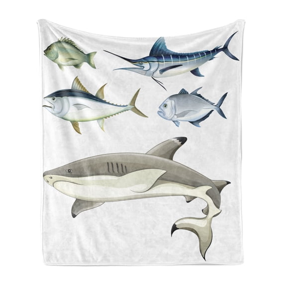 Aqua Soft Flannel Fleece Throw Blanket, Various Fish Predators with Swordfish Piranha and Chordate Aquatic Oceanic Image, Cozy Plush for Indoor and Outdoor Use, 60" x 80", Grey and Grey, by Ambesonne
