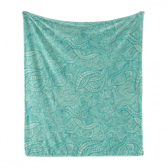 Aqua Soft Flannel Fleece Throw Blanket, Vintage Botanic Nature Leaves Veins Swirls Ivy Mosaic Inspired Image Print, Cozy Plush for Indoor and Outdoor Use, 60" x 80", Turquoise and White, by Ambesonne