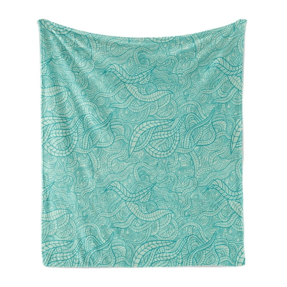 Aqua Soft Flannel Fleece Throw Blanket, Vintage Botanic Nature Leaves Veins Swirls Ivy Mosaic Inspired Image Print, Cozy Plush for Indoor and Outdoor Use, 70" x 90", Turquoise and White, by Ambesonne