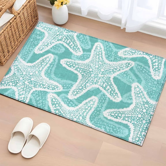 Aqua Starfish 2'x3' Rug for Entryway Front Door Kitchen Sink Area, Coastal Summer Ocean Beach Nautical Modern Low Pile Washable Non Slip Rectangle Area Rug