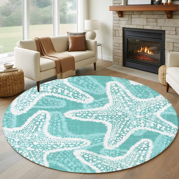 Aqua Starfish 8' Round Rug for Open Concept Living Room Seating Zone, Coastal Summer Ocean Beach Nautical Modern Washable Non Slip Large Circle Area Rug