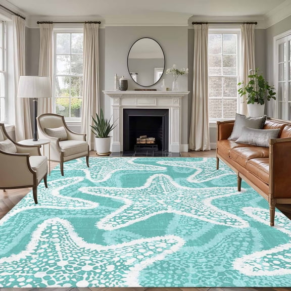 Aqua Starfish 8'x10' Large Area Rug for Living Room Sectional Sofa, Coastal Summer Ocean Beach Nautical Modern Washable Non Slip Low Pile Rectangle Area Rug
