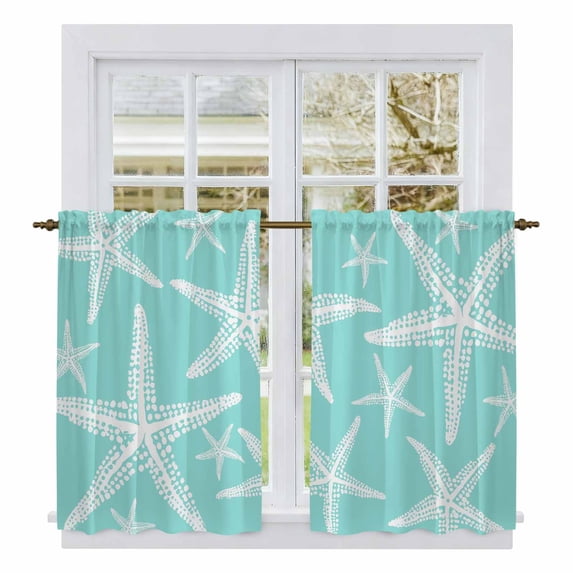 Aqua Starfish Kitchen Curtains 54 Inch Length, Summer Coastal Nautical Ocean Classic Tiers Curtains for Bathroom Bedroom Cafe, Light Filtering Small Window Treatment Short Drapes 2 Panels 42"Wx54"L