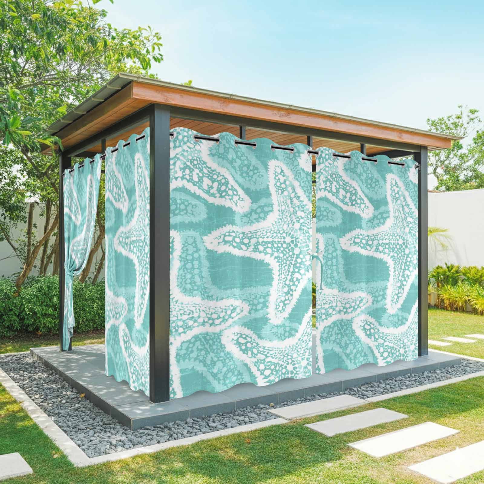 Aqua Starfish Outdoor Curtains for Patio, Coastal Summer Ocean Beach Nautical Modern Sunshade Privacy Drapes Grommet Waterproof Outside Curtains for Porch/Cabana/Balcony 54"x 108", 1 Panel