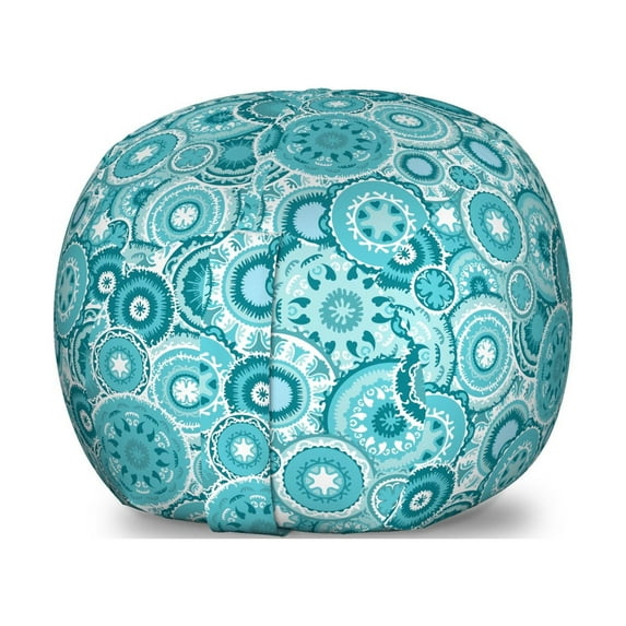 Aqua Storage Toy Bag Chair, Hippie Floral Leaves Mandala Rounds Traditional Elements Print, Stuffed Animal Organizer Washable Bag, Large Size, Turquoise Teal White, by Ambesonne