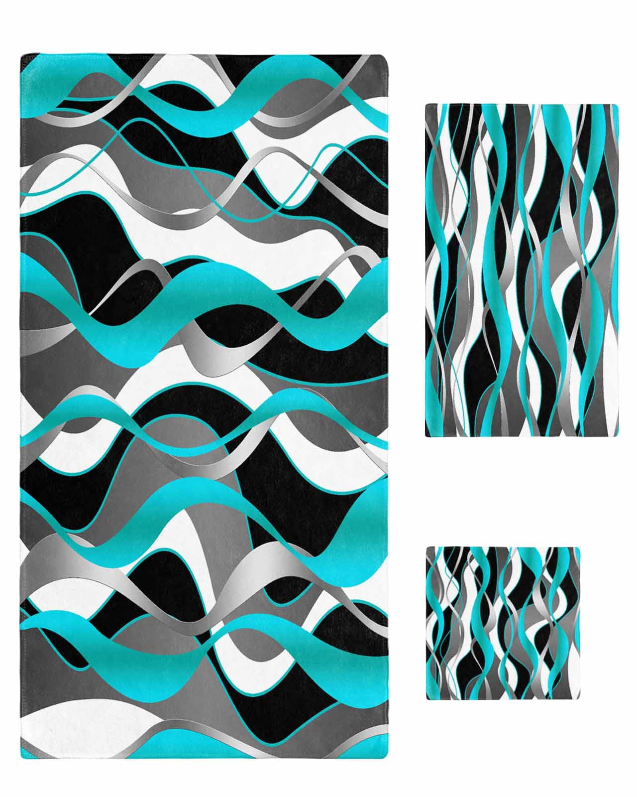 Aqua Stripe Bath Towels for Bathroom Set,Luxury Microfiber Towels Gifts for Women,Beach Kitchen Hand Hair Face Towel and Dish Washcloth,Ombre Grey Moire Geometric Modern Abstract Towels+Set