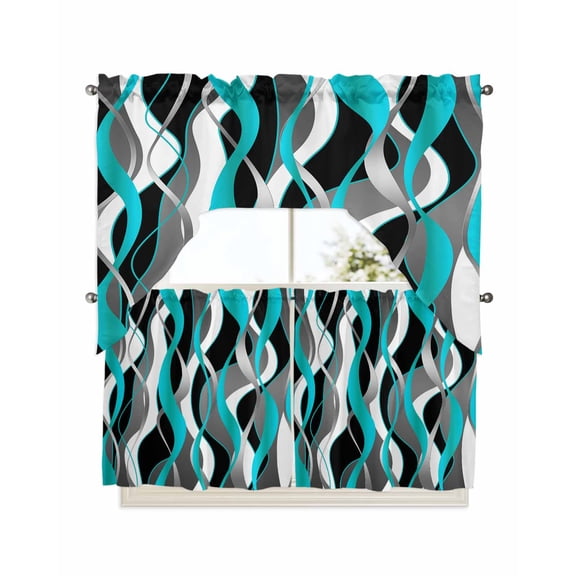Aqua Stripe Kitchen Curtain and Valance Set 3 Pieces,Rod Pocket Short Tier Curtains 24 Inch Length,Ombre Grey Moire Geometric Modern Abstract Swag Topper Small Window Treatment for Cafe Bathroom