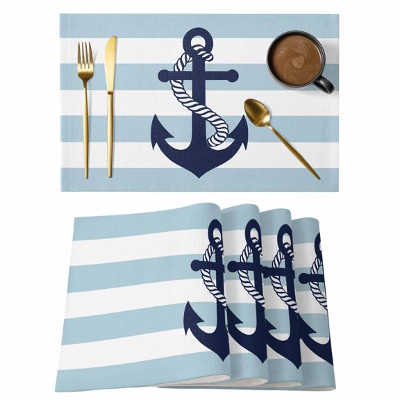 Aqua Stripe Nautical Placemats Set of 12 Navy Blue Anchor Summer Coastal Place Mats Indoor Wipeable Table Mats Washable Cloth Dining Table Placemats for Kitchen Holiday Party Home Decor 13x19 Inch