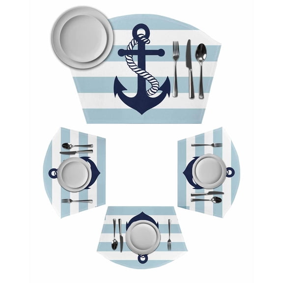 Aqua Stripe Nautical Round Placemats Set of 2, Navy Blue Anchor Summer Coastal Placemats for Round Dining Table Shape Wedge Placemats for Outdoor Indoor Wipeable Clean Table Place Mats
