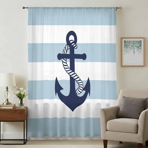 Aqua Stripe Nautical Sheer Curtains 72 Inches Long, Navy Blue Anchor Summer Coastal Light Filering Curtains, Breathable Simi Curtain Privacy Drapes for Living Room Bedroom Window Treatment