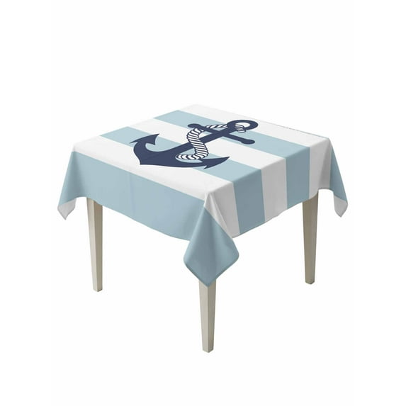 Aqua Stripe Nautical Table Cloth, Navy Blue Anchor Summer Coastal Waterproof Tablecloth for Square Tables, Reusable Washable Fabric Table Cover for Restaurant Kitchen Dining Tables 60"x60"