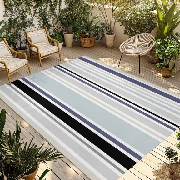 Aqua Stripe Outdoor Rug 3x5 Ft - Reversible Patio Rug Outdoor Camping Rugs, Modern Abstract Art Black Striped Rustic Washable Indoor Outdoor Area Rugs, Non-Slip Outdoor Carpet Runner for Deck/Porch