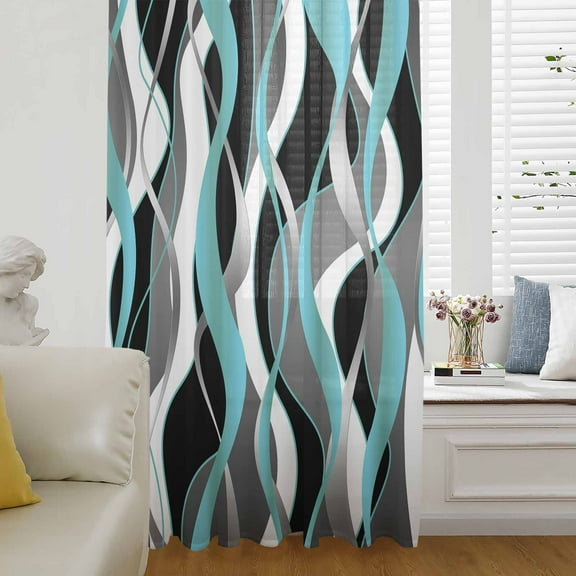 Aqua Stripe Semi Sheer Curtains Drapes for Living Room, Bedroom, French Doors Window 84 Inches Long, Ombre Grey Moire Geometric Modern Abstract Rod Pocket Chiffon Curtain Drapery Voile Drape Panel