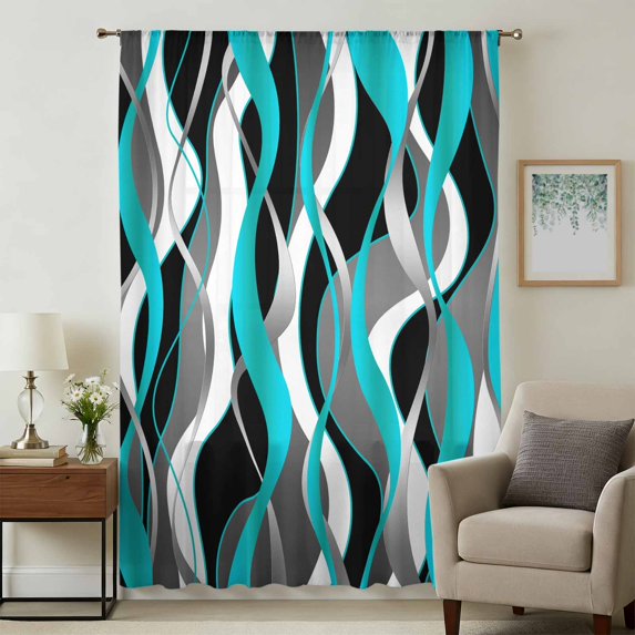 Aqua Stripe Sheer Curtains 54 Inches Long, Ombre Grey Moire Geometric Modern Abstract Light Filering Curtains, Breathable Simi Curtain Privacy Drapes for Kitchen Bathroom Small Window Treatment