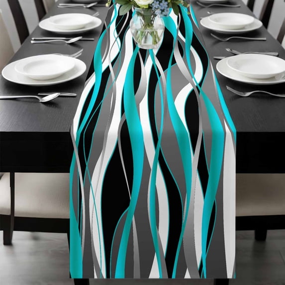 Aqua Stripe Table Runner 90 Inches Long, Ombre Grey Moire Geometric Modern Abstract Kitchen Coffee Dining Table Decoration for Home Party Birthday Wedding Home Decor 13x90 Inches