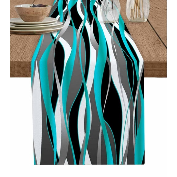 Aqua Stripe Table Runner Cotton Linen 108 Inch Holiday Dresser Scarves, Ombre Grey Moire Geometric Modern Abstract Tablerunner for Kitchen Coffee Dining Bedroom Dinner Scarf Décor 13''x108''