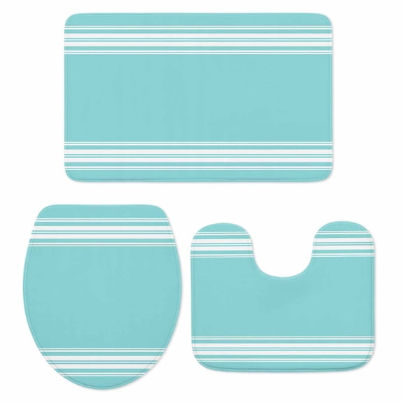 Aqua Striped Bath Mat 3 Piece Bathroom Rug Set, Luxurious White Stripes Modern Abstract Art Non Slip Bath Rug Contour Mat and Toilet Lid Cover, Absorbent Shower Mats Soft Bath Rugs and Mats Sets