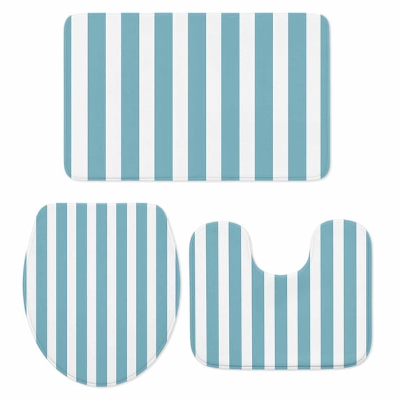 Aqua Striped Bath Mat 3 Piece Bathroom Rug Set, Modern Farmhouse Blue White Stripes Non Slip Bath Rug Contour Mat and Toilet Lid Cover, Absorbent Shower Mats Soft Bath Rugs and Mats Sets