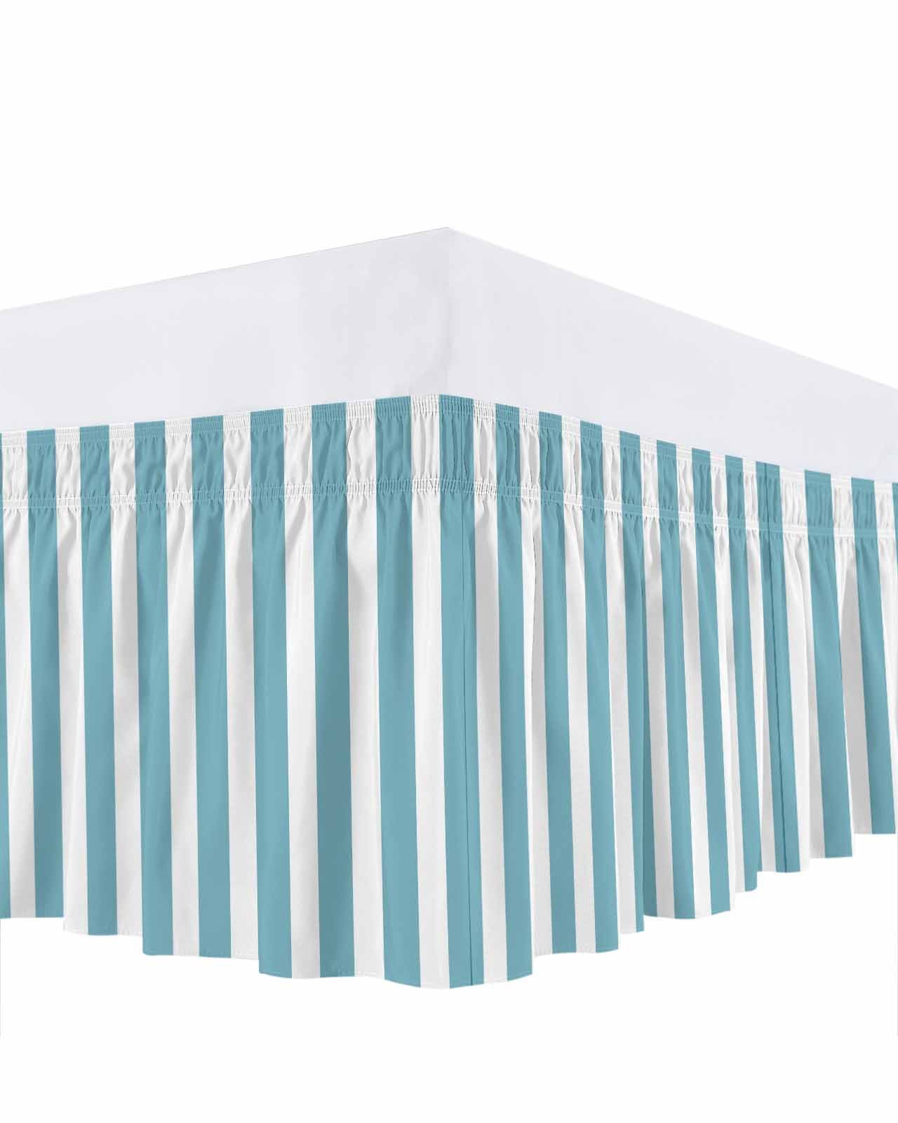 Aqua Striped Bed Skirt King Size, Modern Farmhouse Blue White Stripes Wrap Around Bed Skirting with Adjustable Elastic Strap, Dust Ruffled Pleated Bedskirts 18 Inch Drop for Bedroom King Beds