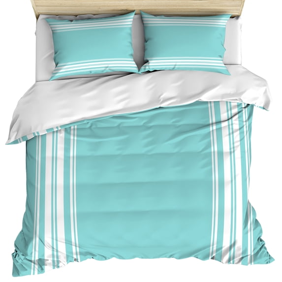 Aqua Striped Bedding 3 Piece Duvet Cover Set Queen Size, Luxurious White Stripes Modern Abstract Art Soft Microfiber Comforter Cover with Zipper Closure & Pillowcases, FadeResistant Quilt Cover