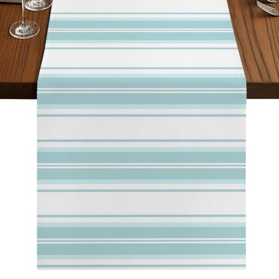 Aqua Striped Burlap Cotton Table Runner 13x60 Inches Long, Modern Thin Line Vertical Stripes Farmhouse Table Runners, Outdoor Dining Tablecloths Decor for Baby Shower/Party/Wedding