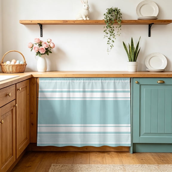 Aqua Striped Cabinet Curtains 10" W x 11" L, Modern Farmhouse Stripe Minimalist Abstract Under-Desk Privacy Dust Proof Drape Dishwasher Curtain Sink Skirt for Kitchen Closet Bathroom Laundry
