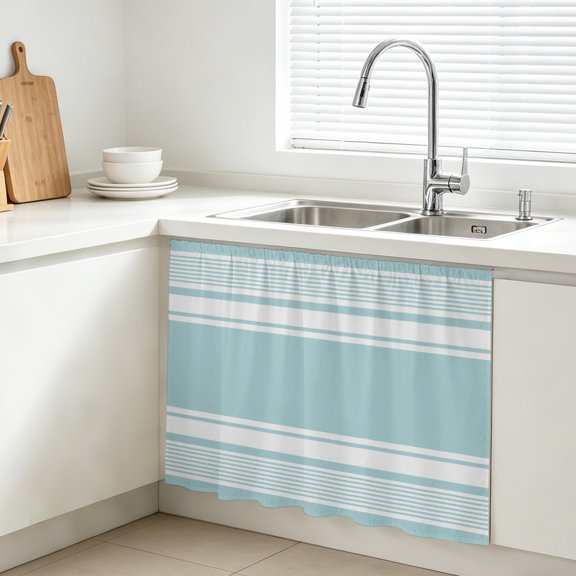 Aqua Striped Cabinet Curtains for Kitchen 10"W x 11"L, Modern Farmhouse Stripe Minimalist Abstract Under Sink Skirt Magic Tape Short Curtain Decorative Privacy Panel for Bathroom Laundry