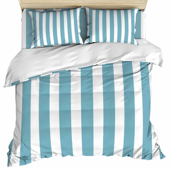 Aqua Striped Duvet Cover Set, Modern Farmhouse Blue White Stripes Soft Duvet Cover Queen Size Bedding Set 4 Pieces, 1 Quiltcover and 2 Pillowcases with Zipper, 1 Bed Sheet for All Seasons